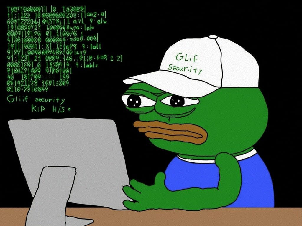 Pepe the frog wearing a hat saying 'Glif Security' and trying to fix broken code
